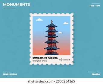 Songjiang Square PagodaTomb Monument Postage Briefmarkendesign mit Information Vektorgrafik Design