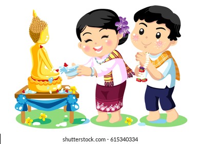 songkarn festival, pouring water buddha sculpture