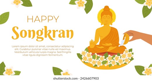 Songkran, bañando la estatua de Buda, bendiciendo el agua bendita y respetando las tradiciones. Año Nuevo en Tailandia. Fondo vectorial en estilo plano para celebrar.