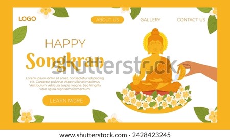 Songkran, Buddha water ceremony. Hand Pouring water the monk sculpture. Thailand New Year. Vector landing page website template in flat style for celebrating.