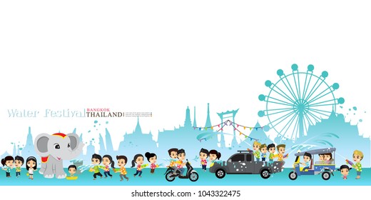 Songkran, cartoon vector boy&girl enjoy with Thailand water festival 