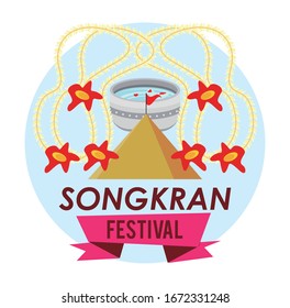 songkran celebration party with bowl water and sand mountain vector illustration design
