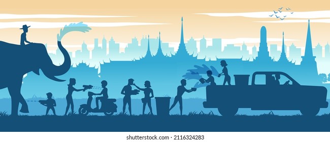 Songkran day famous festival of Thailand Loas Myanmar and Cambodia,new year,silhouette design,vector illustration