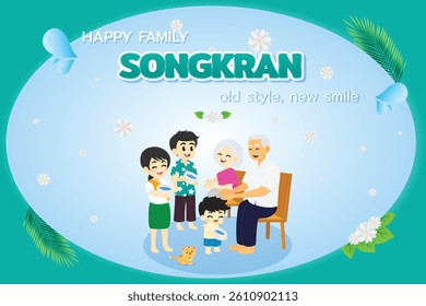 Songkran day festival poster happy family Elderly and children Character Pouring water Thai culture cartoon illustration design