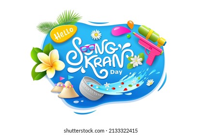 Songkran day, water in bowl water splash, water gun this thailand flower summer, design on blue background, EPS 10 vector illustration