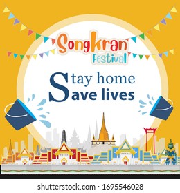 Songkran festival 2020. Stay home save lives people in thailand