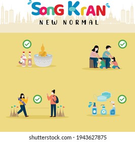 Songkran festival 2021. New normal concept. Sprinkle water on to a Buddha statue, pour water on the hands of revered elders and ask for blessing, social distancing and alcohol spray