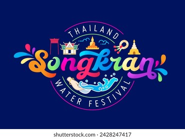 Songkran festival banner colorful celebration concept vector illustration. Thailand water splash summer season logo for decoration,greeting,advertising, promotion, poster, etc.