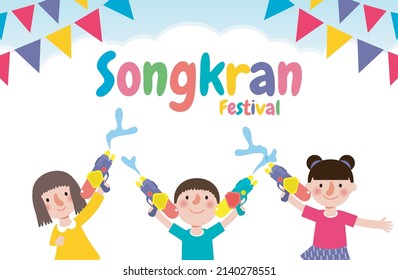 Songkran festival banner template kids holding water gun and jumping enjoy splashing water in Songkran festival, Thailand Traditional New Year's Day Vector Illustration isolated background