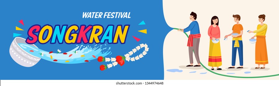 Songkran Festival Banner, Thai New Year's Day. Men and women playing water.