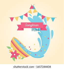 songkran festival bowl with water flowers bunting celebration design card vector illustration