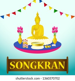 Songkran Festival with Buddha statue of Thailand decorated with colorful flags on sky blue background