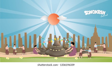 SONGKRAN  FESTIVAL card design template with People are cause sand pagodas and playing water and splashing in Sukhothai Historical Park,vector and illustration