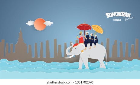SONGKRAN FESTIVAL card design template with  Elephant ordained at Sri Satchanalai riding on elephant by sitting on the back of an elephant,vector and illustration.