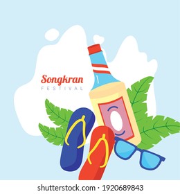 songkran festival celebration lettering with drink bottle and flip flops vector illustration design
