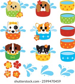 Songkran festival clip art, cute dog in water bowl, Thai New Year illustration, puppy water splash
