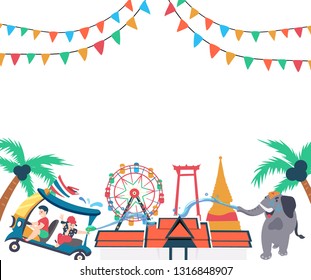 Songkran festival concept with people on tuk tuk playing water with elephant, having thai temple background, illustration, vector