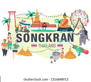 Songkran festival concept, people playing water surrounded with elephant ,Thai taxi, thai temple, thai culture, illustration, vector, background