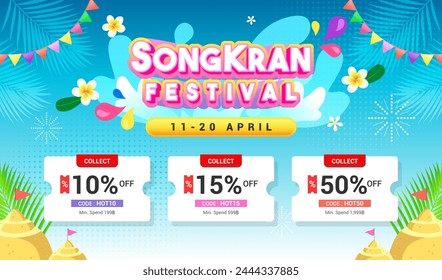 Songkran festival coupon template vector illustration. Thai New Year Holidays Sale