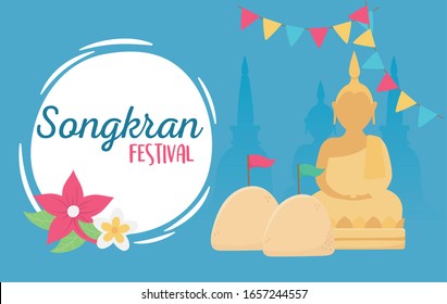 songkran festival culture thailand buddha temple bunting flowers vector illustration