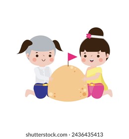 Songkran festival cute kids thai Traditional and sand pagoda Thailand Traditional New Year Day Vector Illustration template Thailand travel concept on white background