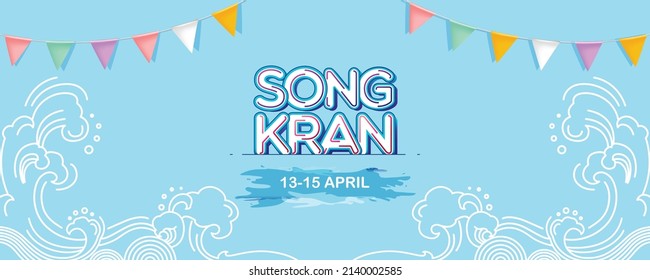 Songkran Festival design on blue background. Thai New Year's day-Horizontal banner design,greeting card, headers for website.