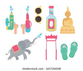 songkran festival elephant sunglasses buddha sandals bottle icons vector illustration