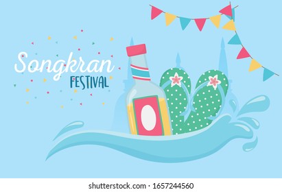 songkran festival flip flops drink bottle and bunting flags card vector illustration