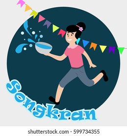 Songkran Festival. Girl Playing Water in Temple. Thailand Traditional New Year's Day