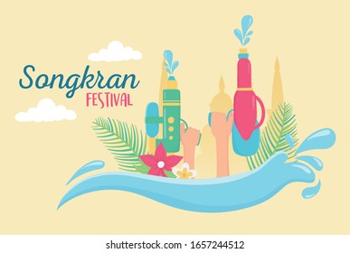 songkran festival hands with water guns splashes flwoers vector illustration