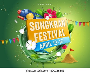 songkran festival illustration with aqua ring, flowers and water gun, green background, 3d illustration
