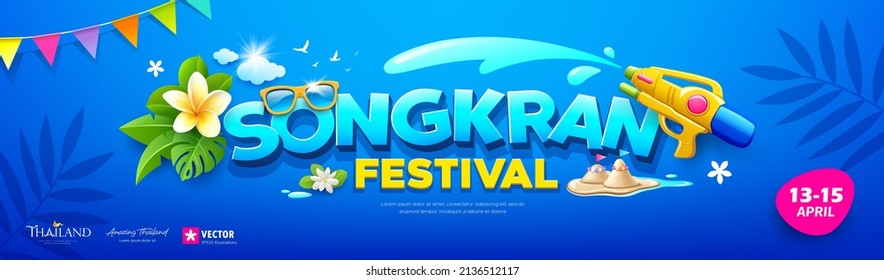 Songkran festival message, fun water gun and thailand flowers design banners design on blue background, Eps 10 vector illustration