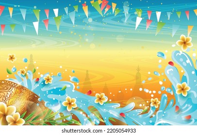 Songkran Festival Message, Fun Water Gun And Thailand Flowers Design Banners Design On Blue Background, Eps 10 Vector Illustration. Songkran Water Splashing Festival Background Vector.