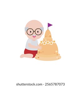 Songkran festival old people thai and sand pagoda, Traditional happy thai new year, senior man and woman in Thailand cartoon flat style Illustration