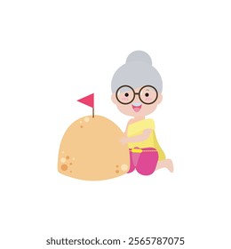 Songkran festival old people thai and sand pagoda, Traditional happy thai new year, senior man and woman in Thailand cartoon flat style Illustration
