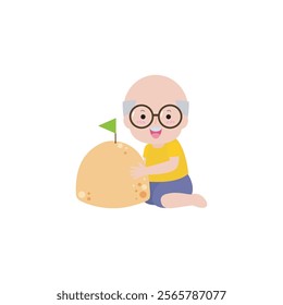 Songkran festival old people thai and sand pagoda, Traditional happy thai new year, senior man and woman in Thailand cartoon flat style Illustration