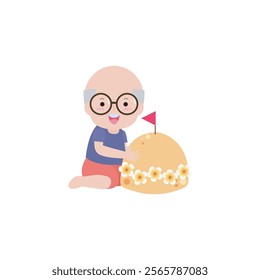 Songkran festival old people thai and sand pagoda, Traditional happy thai new year, senior man and woman in Thailand cartoon flat style Illustration