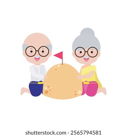 Songkran festival old people thai and sand pagoda, Traditional happy thai new year, senior man and woman in Thailand cartoon flat style Illustration