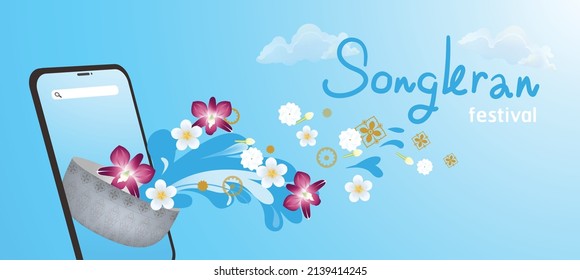 Songkran Festival On A Smartphone, Vector Flat Art