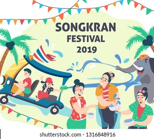 Songkran festival, people playing water surrounded with elephant and tuk tuk or Thai taxi, water festival elements, illustration, vector