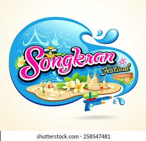 Songkran Festival Period of April, in the summer of Thailand with water, pagoda sand, design background, vector illustration