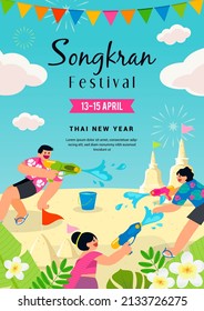 Songkran Festival Poster Invitation Vector Design. Thai New Year Holidays, Kids Enjoy Water Festival.