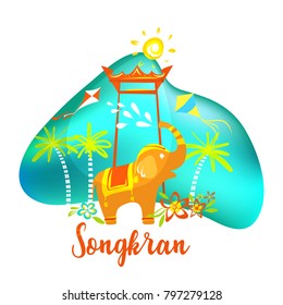 Songkran festival. Silhouette elephant with water drop, palm tree, sky kite and sun. 