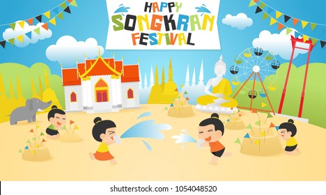 Songkran festival summer, Thai Water Splash with Landmark in Thailand-Vector Illustration