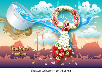 Songkran Festival (Thai New Year) with water bowl, splashing water and jasmine garland on a background of Thai architecture and culture, e.g., temples, Chedi, Thai play, etc.