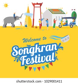 Songkran Festival, Thai New Year's day, people enjoy splashing water with elephant, vector Songkran Festival, Thai New Year's day, people enjoy splashing water with elephant, vector
