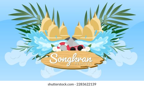 Songkran festival in Thailand Background for content online ,water splash festival banner ,The Most Beautiful Places To Visit In Thailand on blue background,  Vector illustration EPS 10