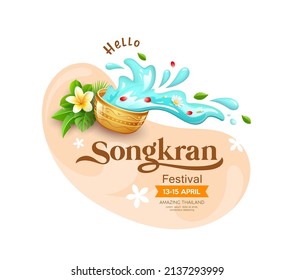 Songkran Festival Thailand, golden water bowl thailand flower on water splashing bancground, EPS 10 vector illustration