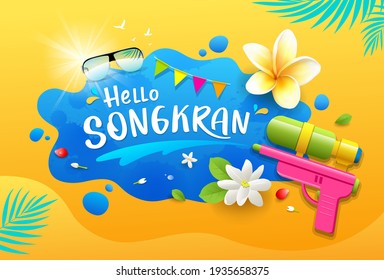 Songkran festival thailand, gun water splash with thai flower, banner design on yellow background, Eps 10 vector illustration