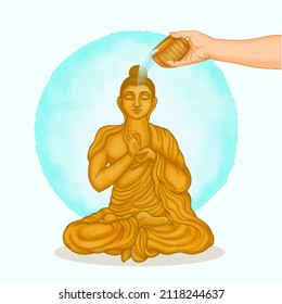 Songkran festival in Thailand, Hand woman use the water pouring to golden buddha statue
